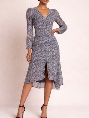 ASTR The Label Floral Long Sleeve Ruched Midi Dress, Large